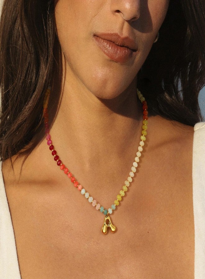 Badu Initial R Colorful Beaded Gemstone Necklaces for Women 14K Gold Letter Pendant Necklace Natural Stone Summer Beach Handmade Jewelry Gift Trendy Necklaces - Image 3