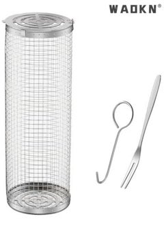 WAOKN BBQ Basket with Hook and Fork, Rolling BBQ Basket, Outdoor BBQ Basket, Outdoor Round BBQ Stainless Steel BBQ Basket Campfire BBQ Grid for Outdoor BBQ Fish, Meat, Vegetables, Chips  - Image 1