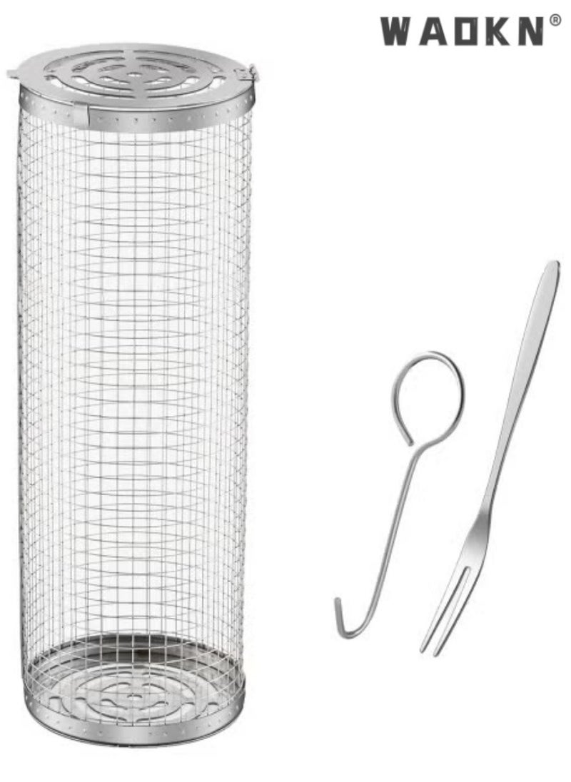 WAOKN BBQ Basket with Hook and Fork, Rolling BBQ Basket, Outdoor BBQ Basket, Outdoor Round BBQ Stainless Steel BBQ Basket Campfire BBQ Grid for Outdoor BBQ Fish, Meat, Vegetables, Chips  - Image 1