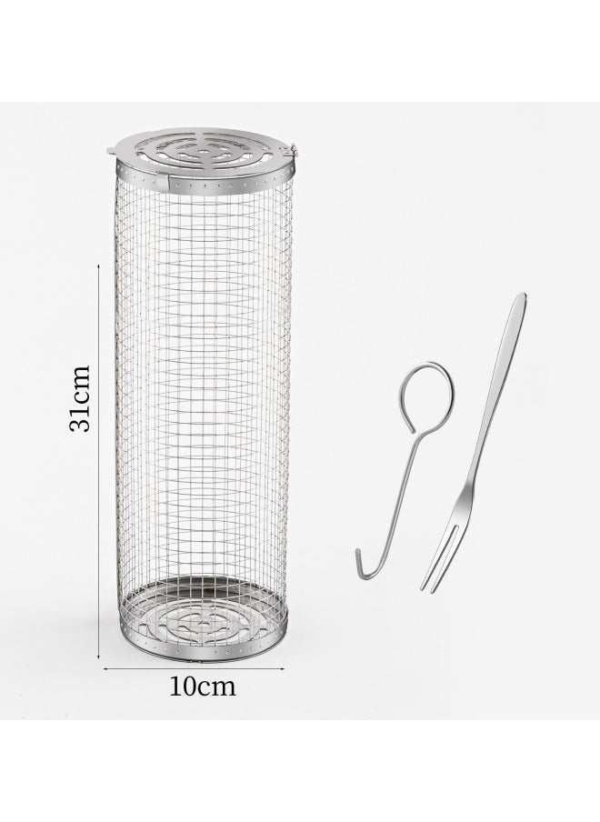 WAOKN BBQ Basket with Hook and Fork, Rolling BBQ Basket, Outdoor BBQ Basket, Outdoor Round BBQ Stainless Steel BBQ Basket Campfire BBQ Grid for Outdoor BBQ Fish, Meat, Vegetables, Chips  - Image 3