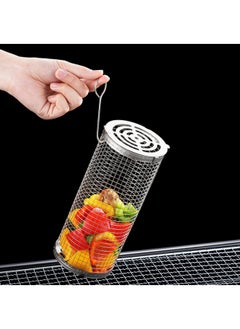 WAOKN BBQ Basket with Hook and Fork, Rolling BBQ Basket, Outdoor BBQ Basket, Outdoor Round BBQ Stainless Steel BBQ Basket Campfire BBQ Grid for Outdoor BBQ Fish, Meat, Vegetables, Chips  - Image 2