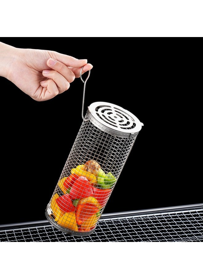 WAOKN BBQ Basket with Hook and Fork, Rolling BBQ Basket, Outdoor BBQ Basket, Outdoor Round BBQ Stainless Steel BBQ Basket Campfire BBQ Grid for Outdoor BBQ Fish, Meat, Vegetables, Chips  - Image 2