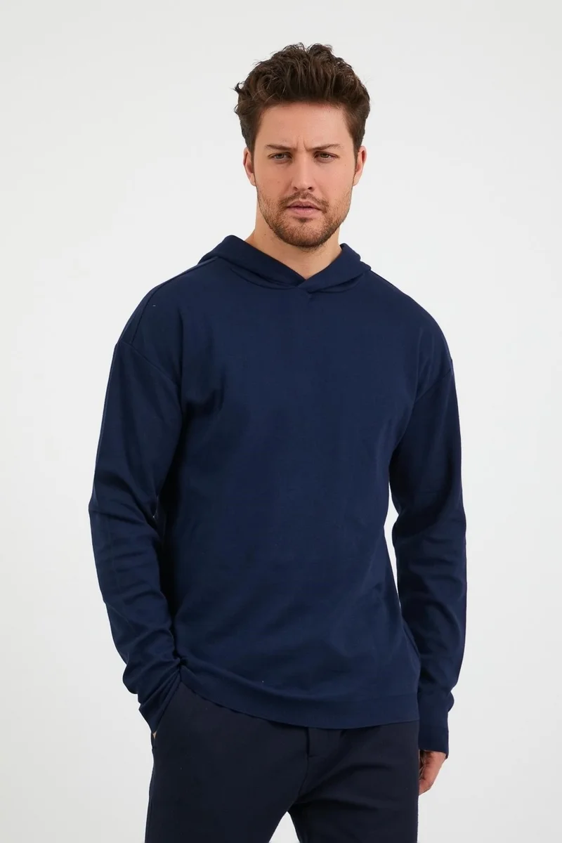 اوديلون Men's Comfort Fit Hooded Plain Sweatshirt Navy Blue