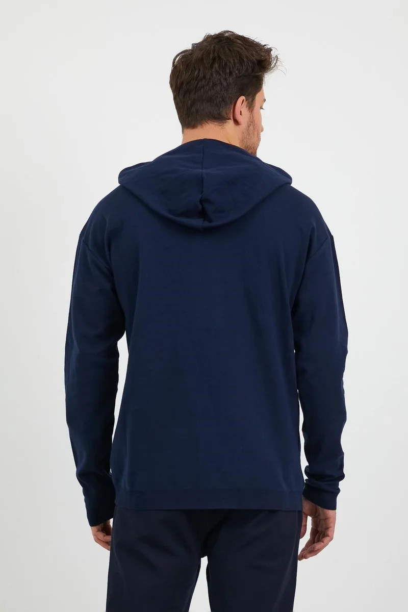 اوديلون Men's Comfort Fit Hooded Plain Sweatshirt Navy Blue