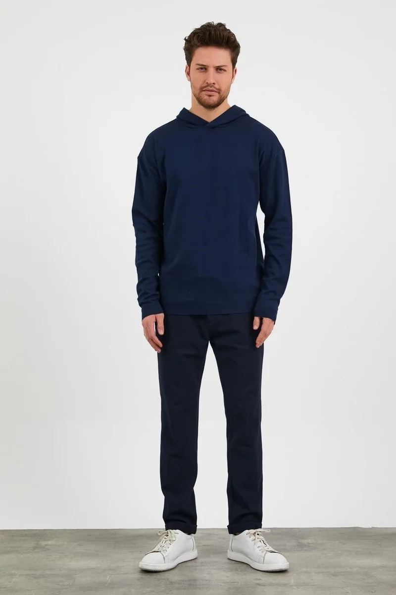 اوديلون Men's Comfort Fit Hooded Plain Sweatshirt Navy Blue