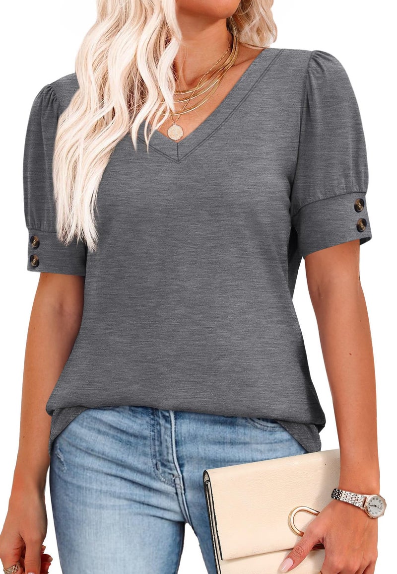 OFEEFAN Short Sleeve Shirts for Women Summer Tops V Neck T Shirts Spring Clothes Plus Size Women's Clothing Plain Simple Business Casual Outfits Dark Grey XL - Image 4