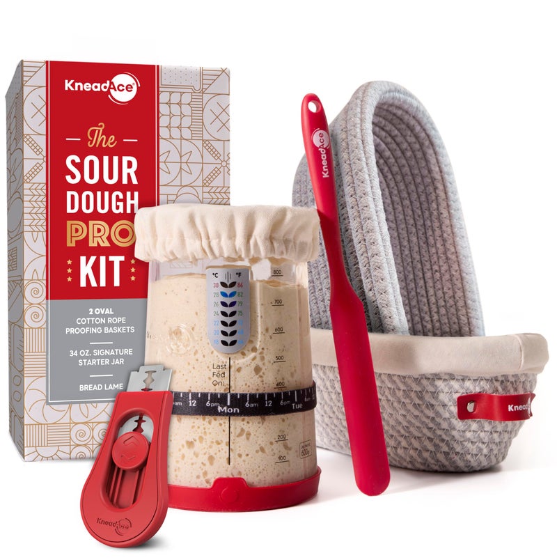 KneadAce Sourdough Starter Kit â€“ 34oz Starter Jar, 2 Oval Banneton Proofing Baskets, Magnetic Bread Lame for Scoring â€“ Gift for Bakers & Complete Sourdough Bread Baking Set - Image 1