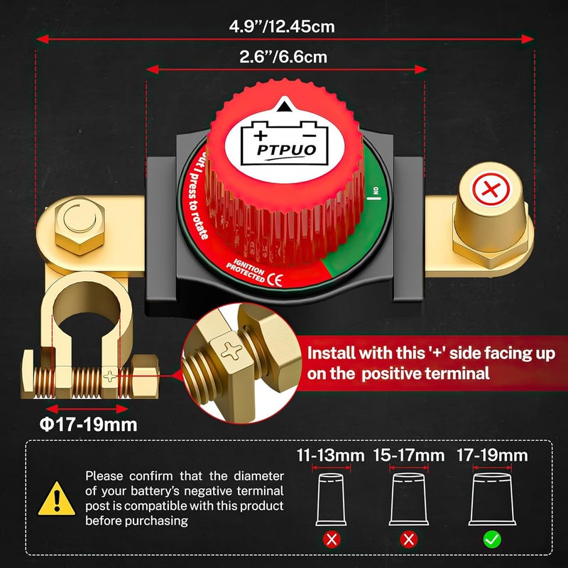 PTPUO Top Post Battery Disconnect Switch, Car Battery Disconnect Switch, Battery Cut Shut Off Isolator, 12V Positive Adjustable Flexible Mount for Car RV Boat Truck ATV - Image 2