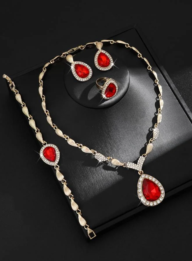 تايك تو طقم مجوهرات قلادة وسوار وخاتم وأقراط مرصعة بأحجار الراين 4 قطع