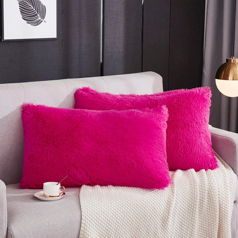 WERDIM WERDIM Shaggy Fluffy Faux Fur Pillowcases 2 Pack Button Closure Velvet Pillow Shams Standard/Queen Size (Hot Pink  20 X 26 Inches)  - Image 1