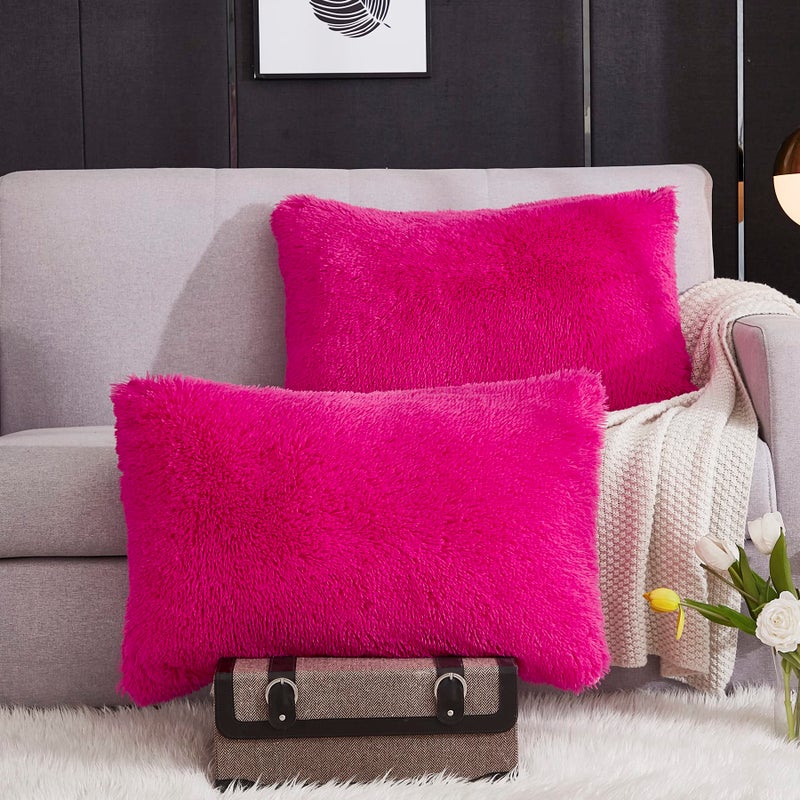 WERDIM WERDIM Shaggy Fluffy Faux Fur Pillowcases 2 Pack Button Closure Velvet Pillow Shams Standard/Queen Size (Hot Pink  20 X 26 Inches)  - Image 2