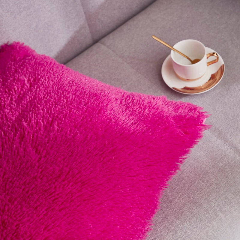 WERDIM WERDIM Shaggy Fluffy Faux Fur Pillowcases 2 Pack Button Closure Velvet Pillow Shams Standard/Queen Size (Hot Pink  20 X 26 Inches)  - Image 4