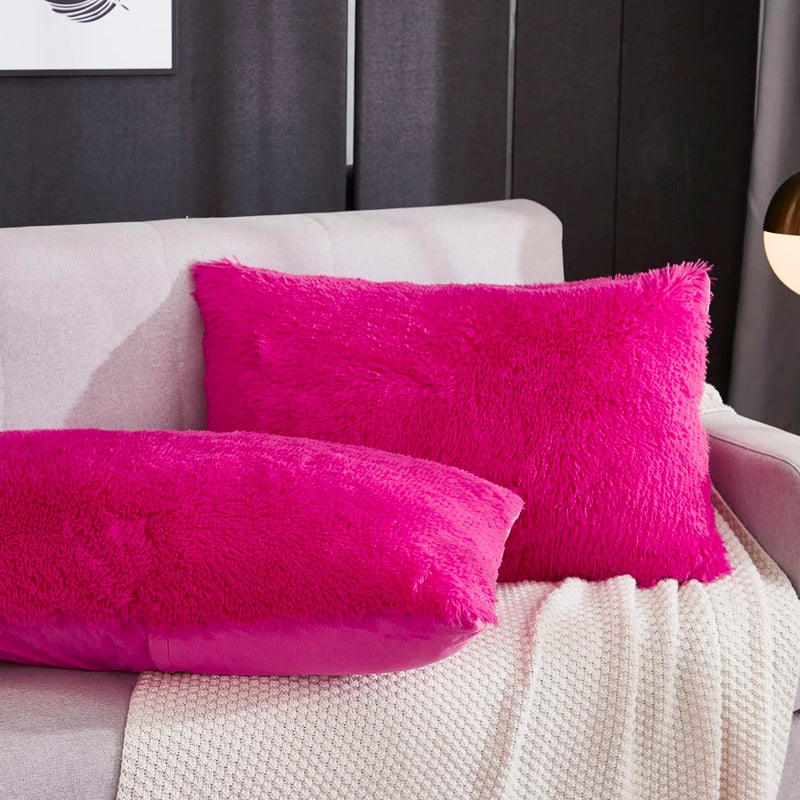 WERDIM WERDIM Shaggy Fluffy Faux Fur Pillowcases 2 Pack Button Closure Velvet Pillow Shams Standard/Queen Size (Hot Pink  20 X 26 Inches)  - Image 3