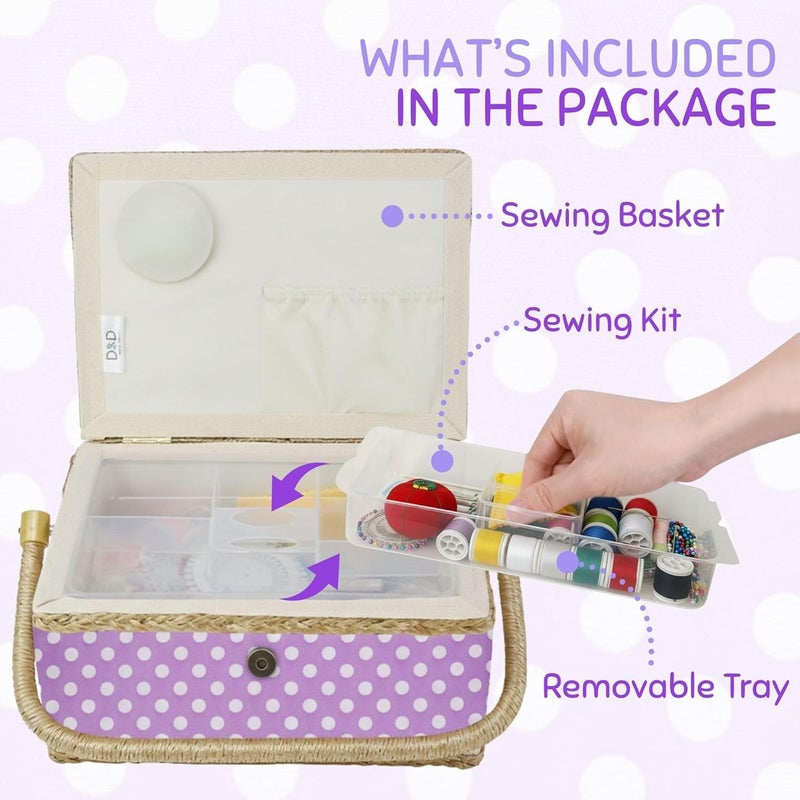 COMFECTO Sewing Basket Large with Accessories Sewing Kit Storage Organizer with Tools, Wooden Sewing Box with Removable Tray Tomato Pincushion for Mending, Purple Polka Dots - Image 3