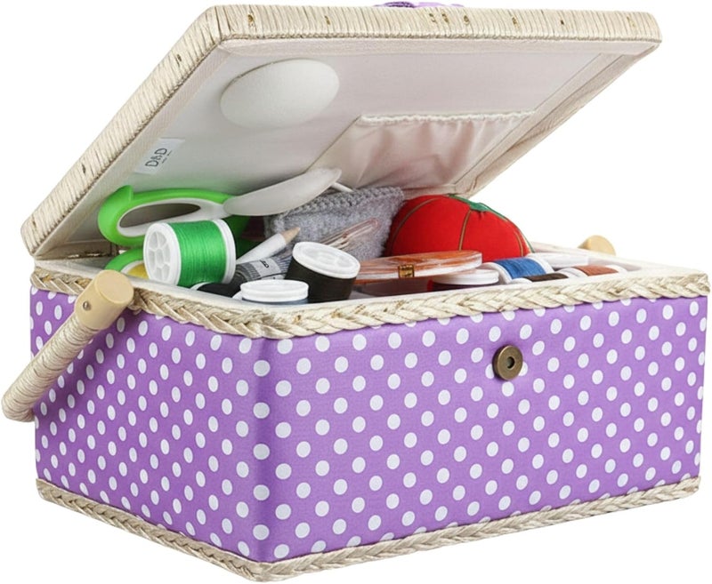 COMFECTO Sewing Basket Large with Accessories Sewing Kit Storage Organizer with Tools, Wooden Sewing Box with Removable Tray Tomato Pincushion for Mending, Purple Polka Dots - Image 1
