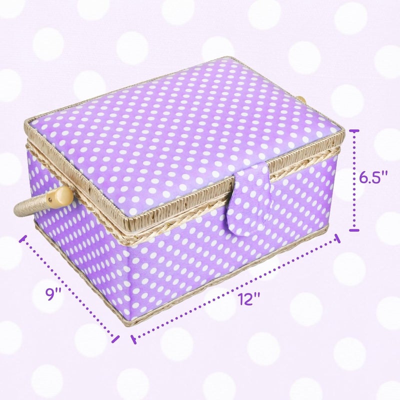 COMFECTO Sewing Basket Large with Accessories Sewing Kit Storage Organizer with Tools, Wooden Sewing Box with Removable Tray Tomato Pincushion for Mending, Purple Polka Dots - Image 4