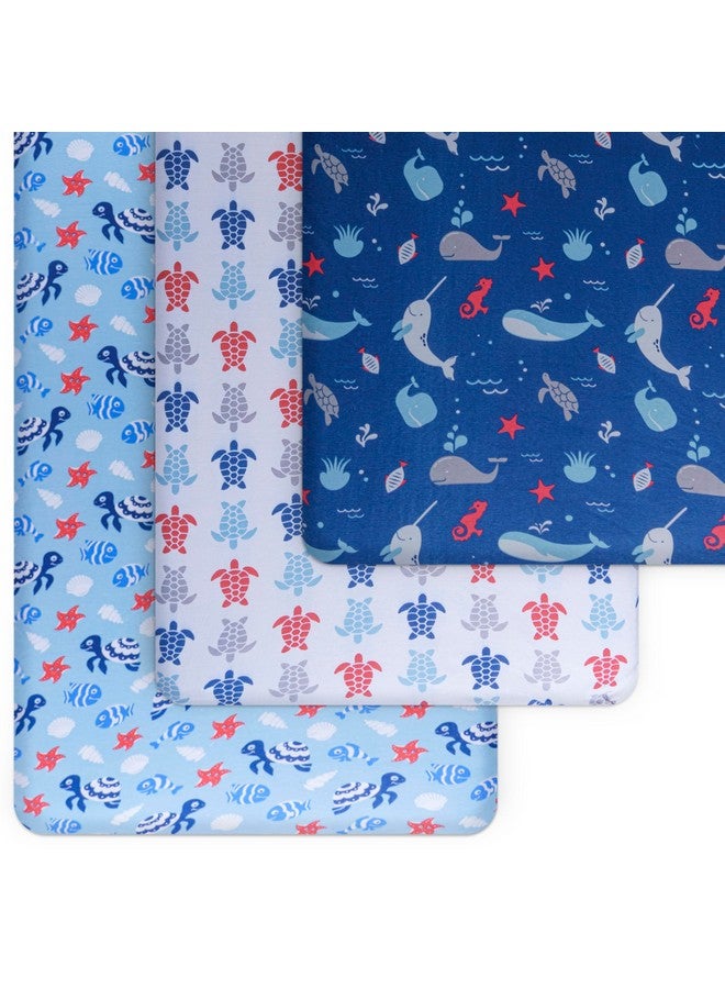 GrowWILD ملايات سرير الأطفال الزرقاء المحيطية من GROW WILD للأولاد (3 عبوات) - ملاية قطنية ملائمة (52" x 28"), مجموعة سرير للأطفال ومجموعة سرير للأطفال الأولاد، موضوع السلاحف والحيوانات البحرية - Image 2