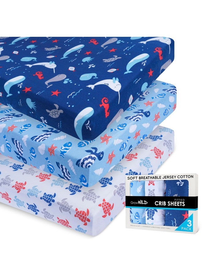 GrowWILD ملايات سرير الأطفال الزرقاء المحيطية من GROW WILD للأولاد (3 عبوات) - ملاية قطنية ملائمة (52" x 28"), مجموعة سرير للأطفال ومجموعة سرير للأطفال الأولاد، موضوع السلاحف والحيوانات البحرية - Image 1