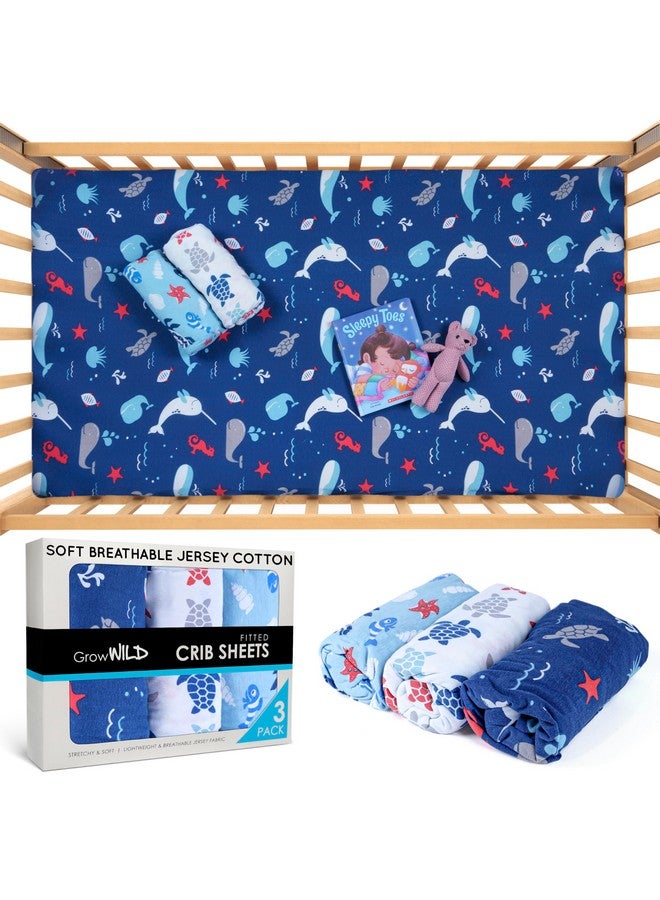 GrowWILD ملايات سرير الأطفال الزرقاء المحيطية من GROW WILD للأولاد (3 عبوات) - ملاية قطنية ملائمة (52" x 28"), مجموعة سرير للأطفال ومجموعة سرير للأطفال الأولاد، موضوع السلاحف والحيوانات البحرية - Image 3