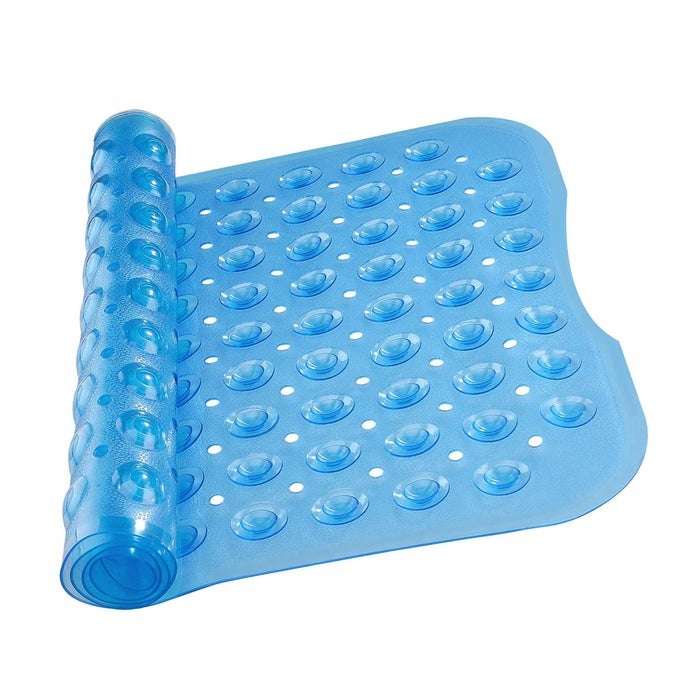 SHOWER BATH MAT NON SLIP ANTI MOULD MILDEW WITH STRONG SUCTION CUPS GRIP AND DRAIN HOLES SOFT RUBBER SHOWER MATS PVC BATHROOM MAT MACHINE WASHABLE 100X40CM BLUE