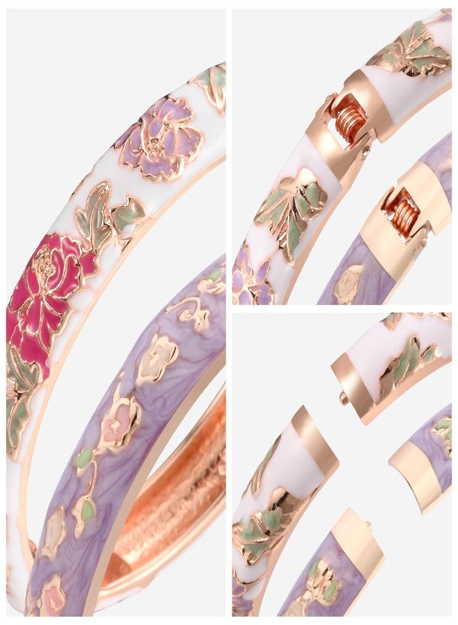 UJOY Fashion Cloisonne Bracelets Set Plated Enameled Jewelry Spring Hinged Metal Cuff Bangles Gift Box Packed 55A80-55A113 Purple White - Image 4