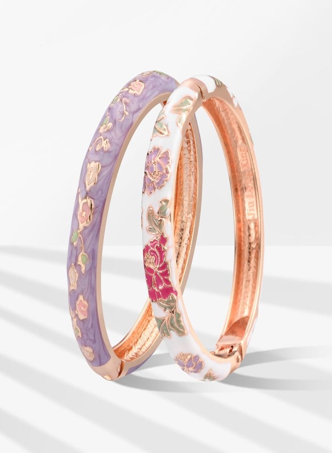 UJOY Fashion Cloisonne Bracelets Set Plated Enameled Jewelry Spring Hinged Metal Cuff Bangles Gift Box Packed 55A80-55A113 Purple White - Image 2