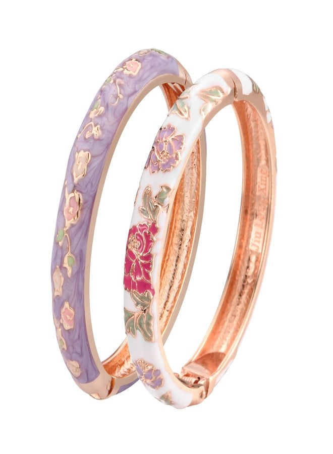 UJOY Fashion Cloisonne Bracelets Set Plated Enameled Jewelry Spring Hinged Metal Cuff Bangles Gift Box Packed 55A80-55A113 Purple White - Image 1