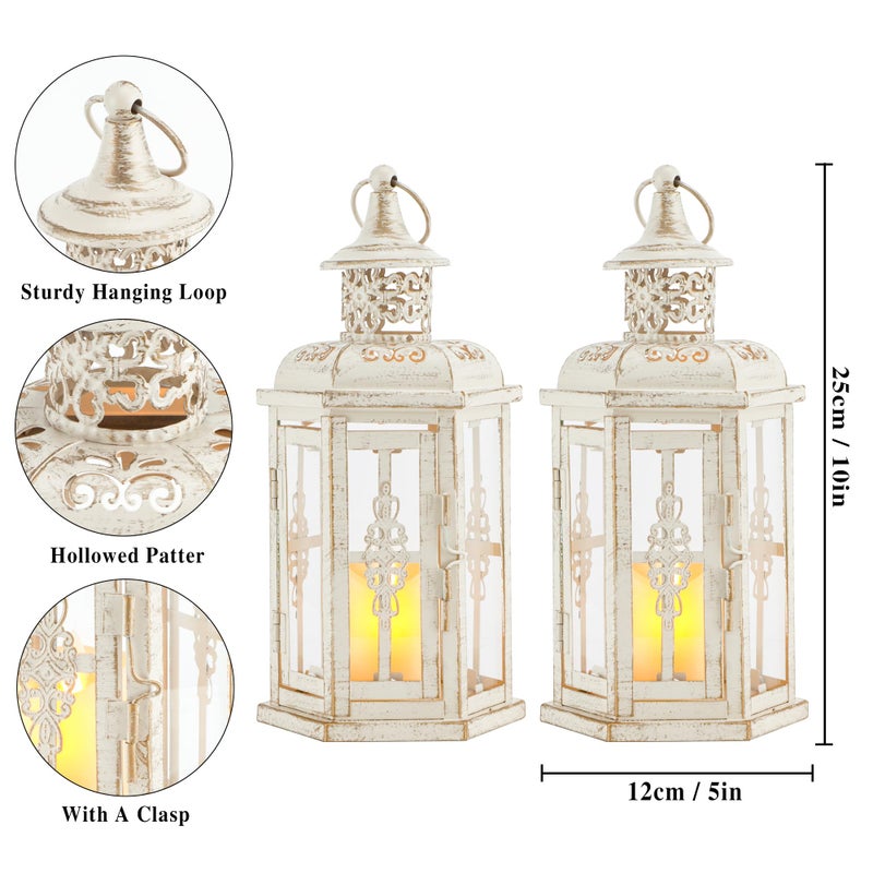 JHY DESIGN Set of 2 Rustic Decorative Lanterns 10" H Vintage Hanging Lantern Metal Candleholder for Indoor Outdoor, Events, Parities, Patio and Wedding(White with Gold Brush) - Image 3