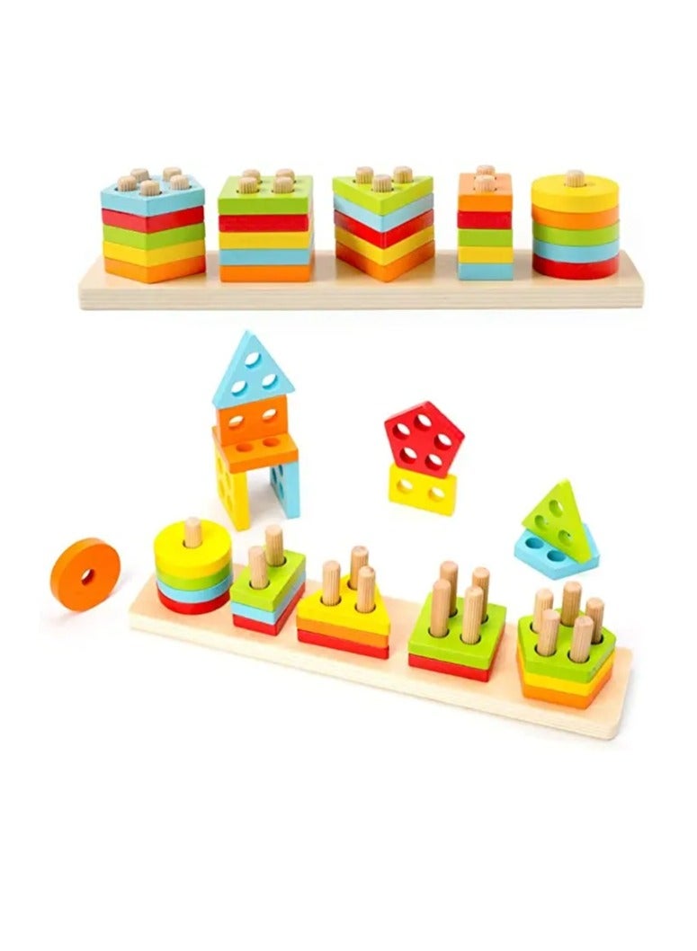 Montessori Toys for 1 2 3 Years Old, Wooden Sorting & Stacking Toys for Toddlers 1-3, Education Preschool Toddler Puzzles,5 Shapes toy Best Gift.  - Image 1