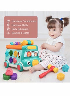 Generic C ute Stone Push Pull Bus Toy, Baby Musical Learning Toys with Sound  Light, Whack a Mole Game, Shape Matching, Gear, Toy Clock, Activity Bus Toy Early Education Gift for Toddler Boys Girls 