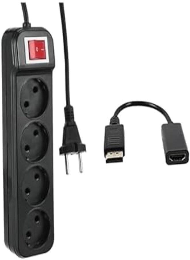 Generic TV Essential Bundle (Zero z20 power strip joint 4 sockets with power button - black, 1.5m + Links gold plated display port to hdmi cable (adapter)) 