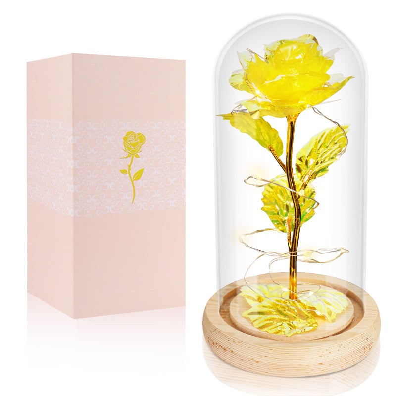 Beferr Mothers Day Flowers Gifts for Mom Birthday Gifts for Women Galaxy Glass Rose Gifts for Grandma Wife Daughter Artificial Forever Preserved Flowers for Delivery Prime Rose in Glass Dome Yellow 