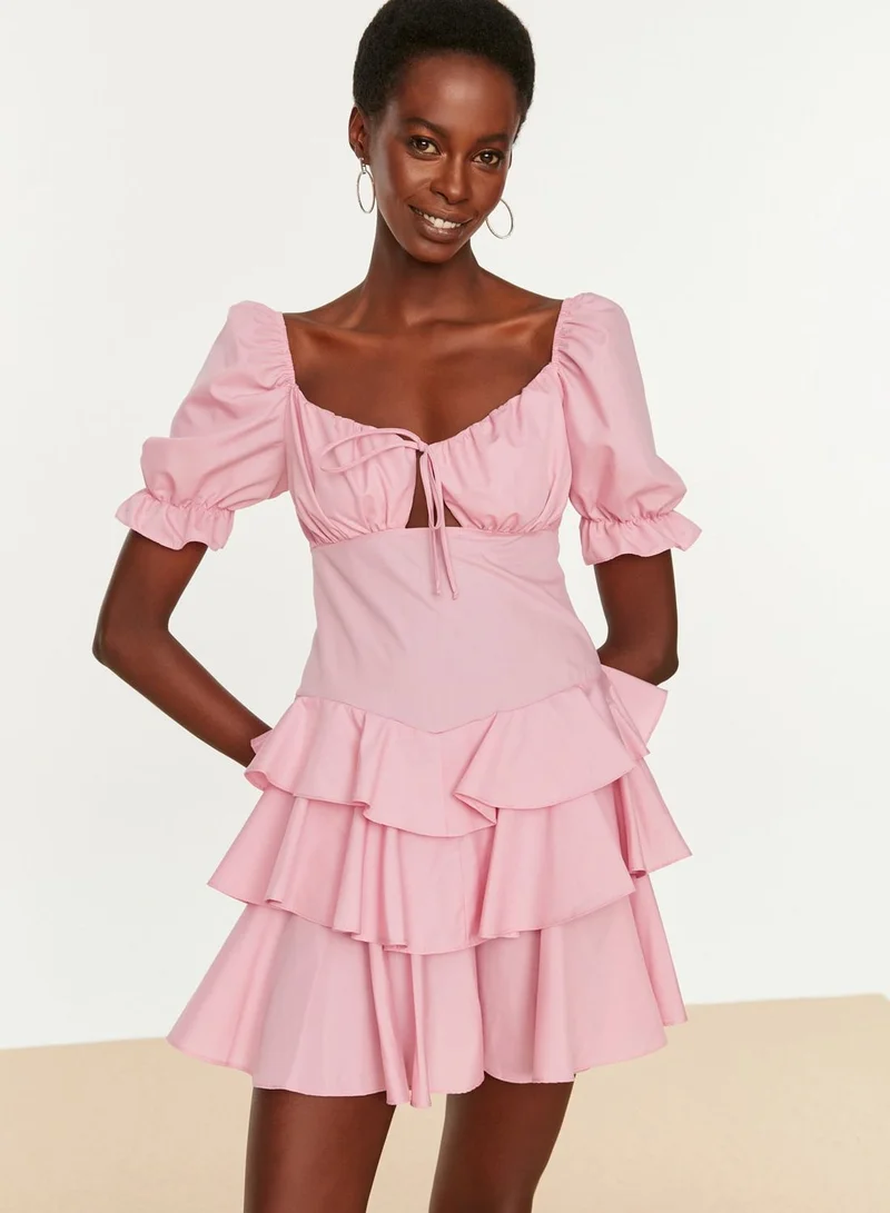 trendyol Puff Sleeve Tie Neck Ruffle Detail Dress