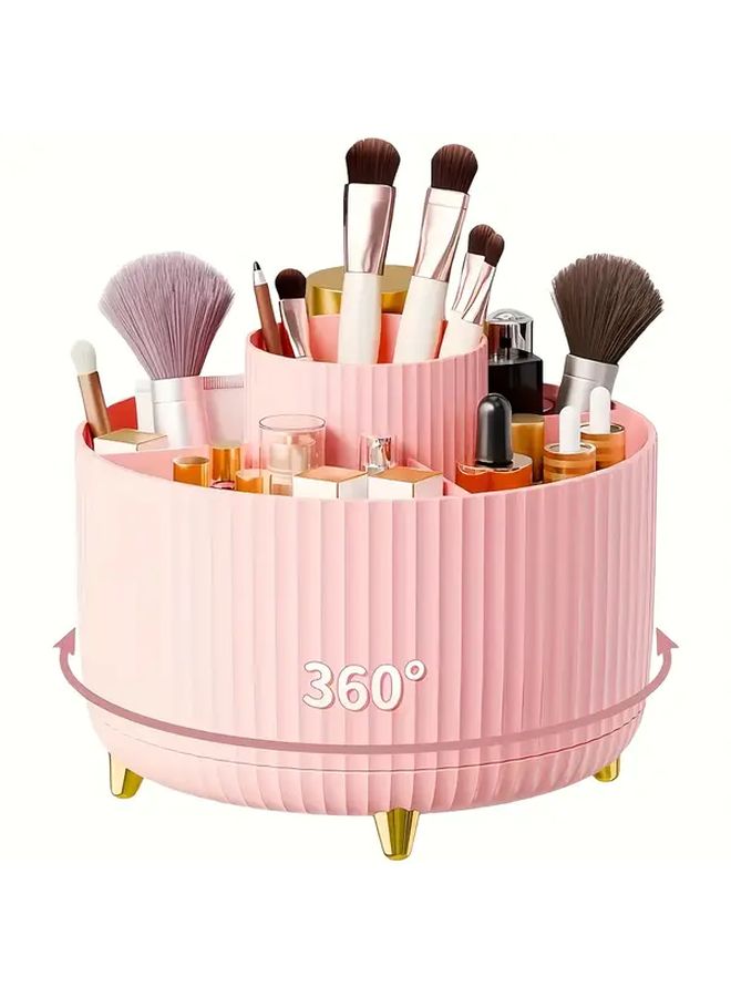 360 Degree Rotating Makeup Organizer Pink Storage Case With Spinning Turntable Multiple Compartments And Filled Base For Brushes Lipsticks Skincare Durable Plastic Vanity Case For Home Salon Bathroom Countertop - Image 1