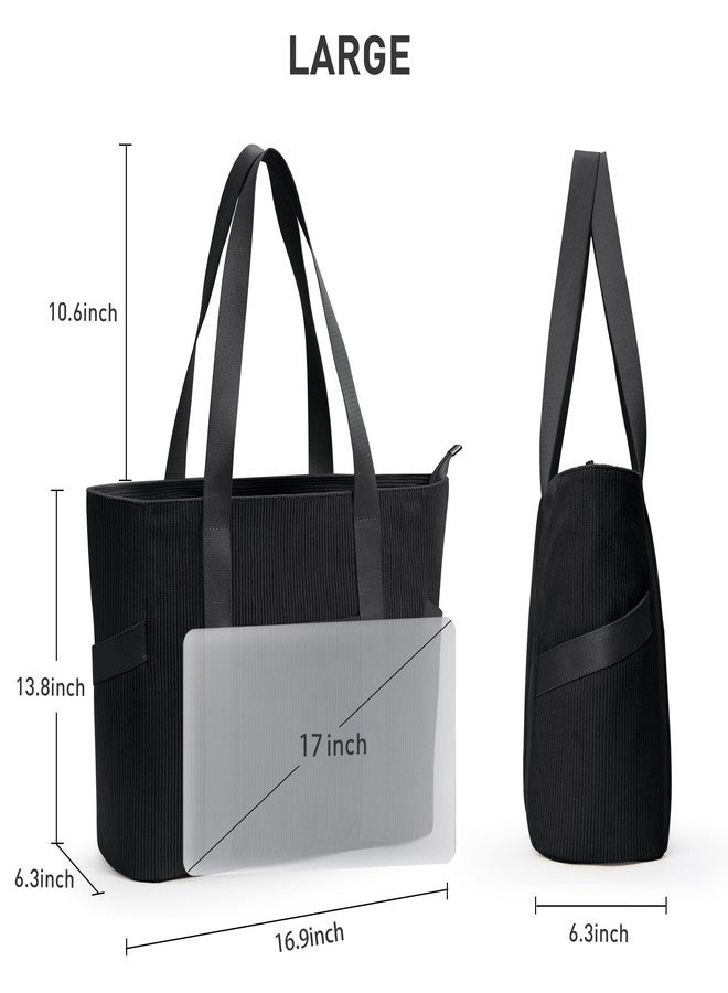 DIXEIGHT Large Tote Bag for Women Work Travel Everyday Shoulder Purse with Zipper, Corduroy Hobo Handbag for School Nurse, L-black-fits 15.6" Laptop, Large - Image 4
