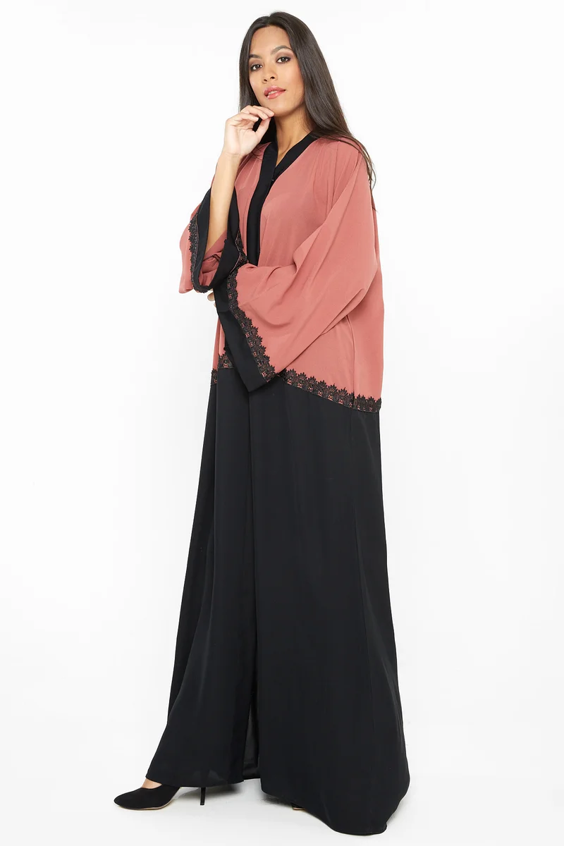 NUKHBAA A casual abaya in dull pink with black lace detailing-Aj403A