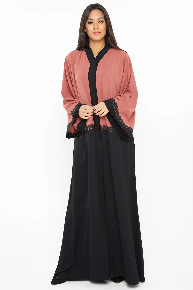 NUKHBAA A casual abaya in dull pink with black lace detailing-Aj403A