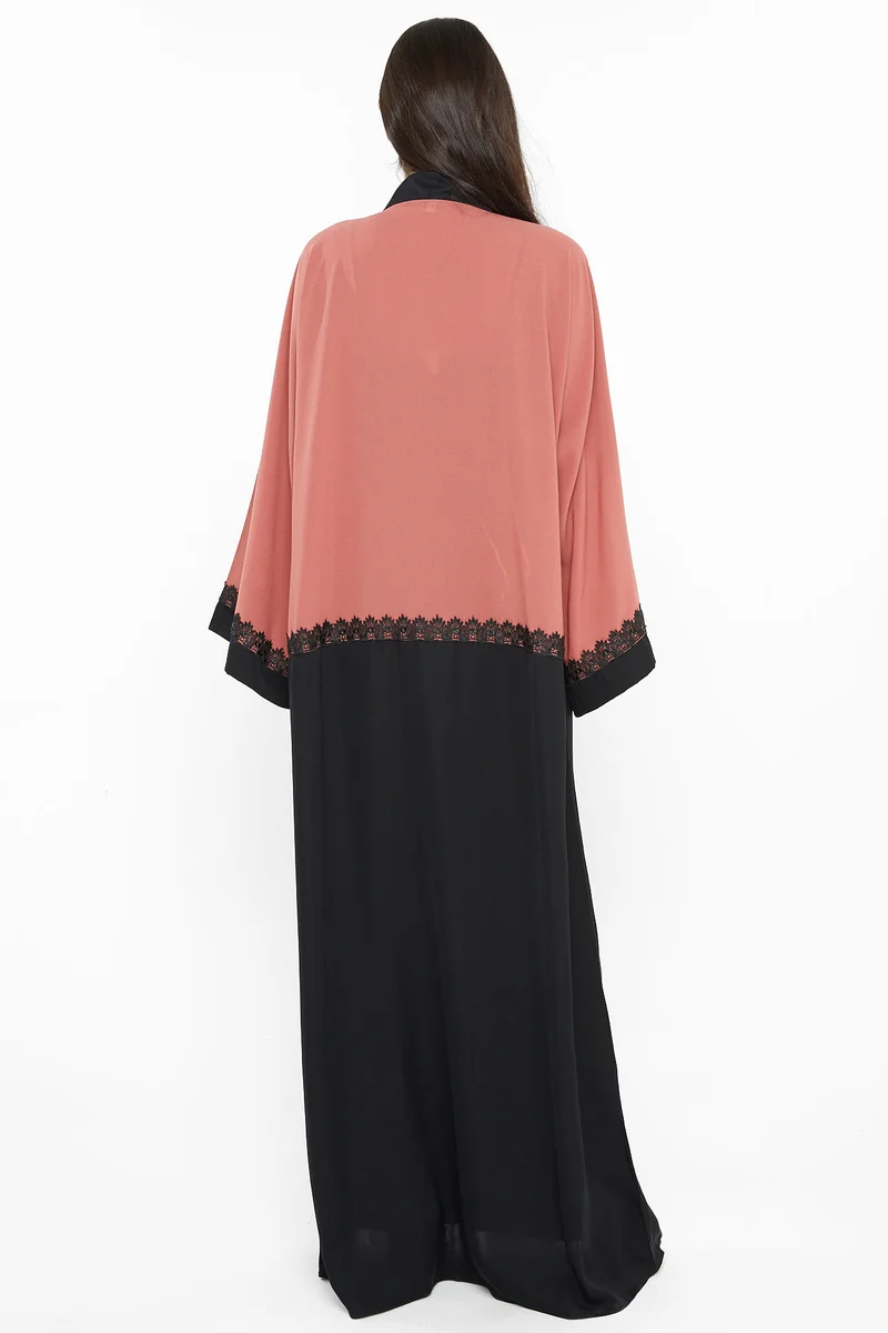 NUKHBAA  A casual abaya in dull pink with black lace detailing-Aj403A for Women | Best Price UAE