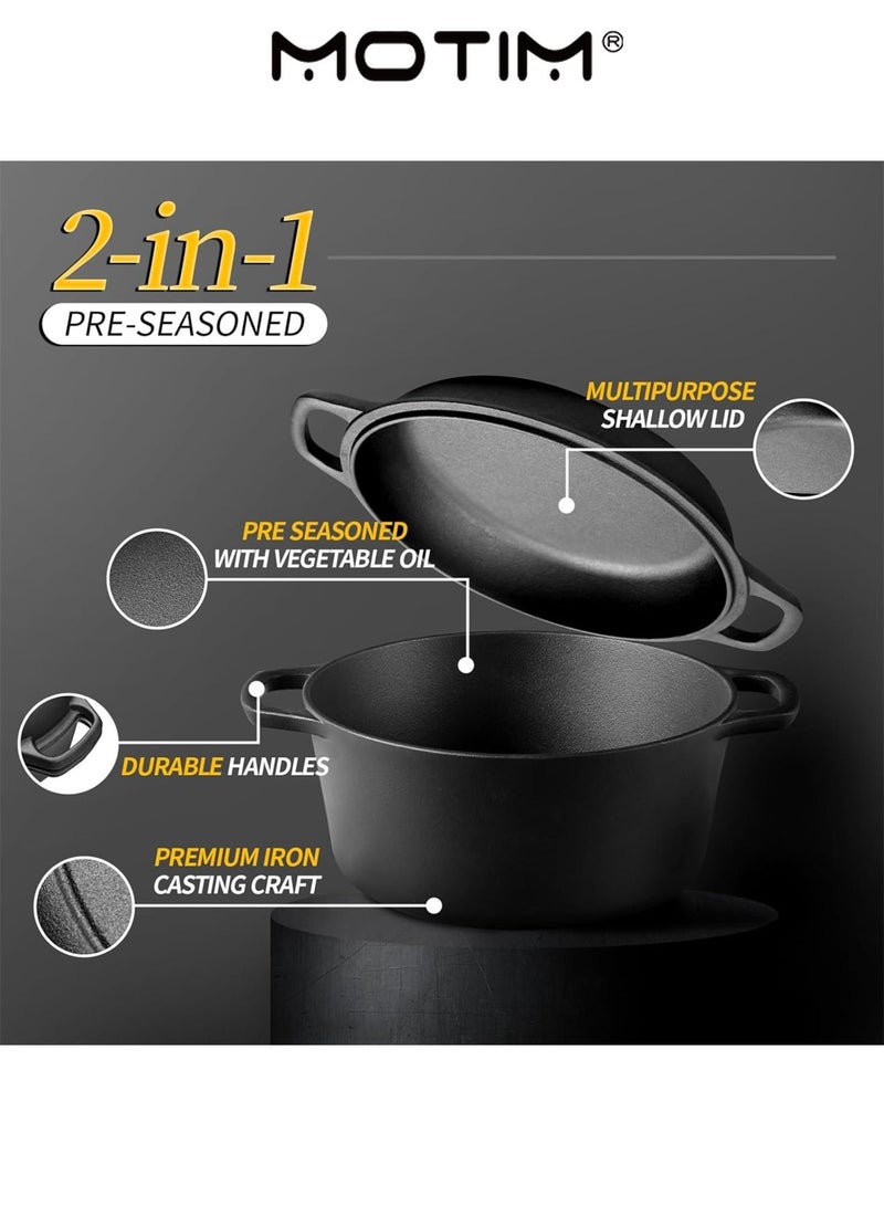 موتيم 2 في 1 26 سم فرن هولندي من الحديد الزهر محنك مسبقا مع مقابض مزدوجة داخلي في الهواء الطلق للخبز والخبز والخبز وشواء التخييم - Image 5