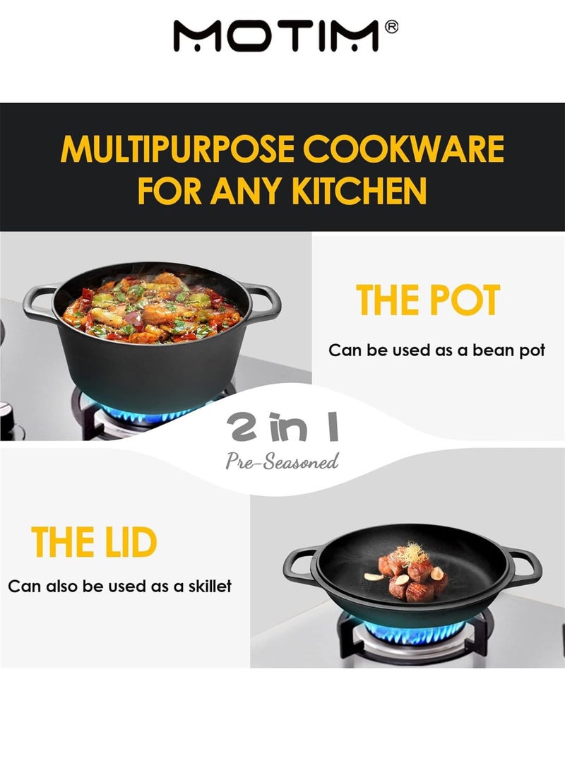 موتيم 2 في 1 26 سم فرن هولندي من الحديد الزهر محنك مسبقا مع مقابض مزدوجة داخلي في الهواء الطلق للخبز والخبز والخبز وشواء التخييم - Image 2