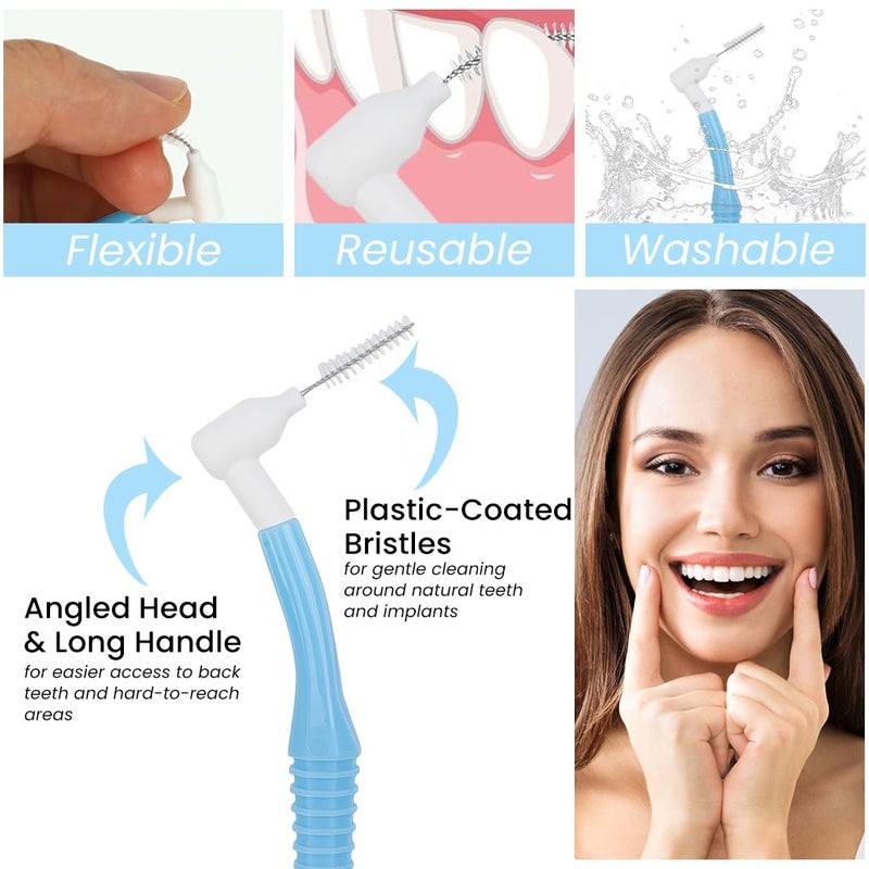 ZIBUYU® Angled Reusable Braces Dental Brush Flosser Interdental Toothpick Brush 25PCS Pack (15 Brushes + 10 Replacement Heads, 0.9mm Blue) for Braces, Implants, Crowns, Gaps & Oral Cleaning - Image 3
