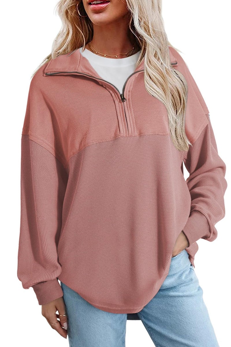Shein SHEWIN Womens Sweatshirts Casual Waffle Knit Tops Half Zip Pullover Long Sleeve Shirts Quarter Zip Trendy Fall Outfits Oversized Clothes 2025 Large Pink - Image 1