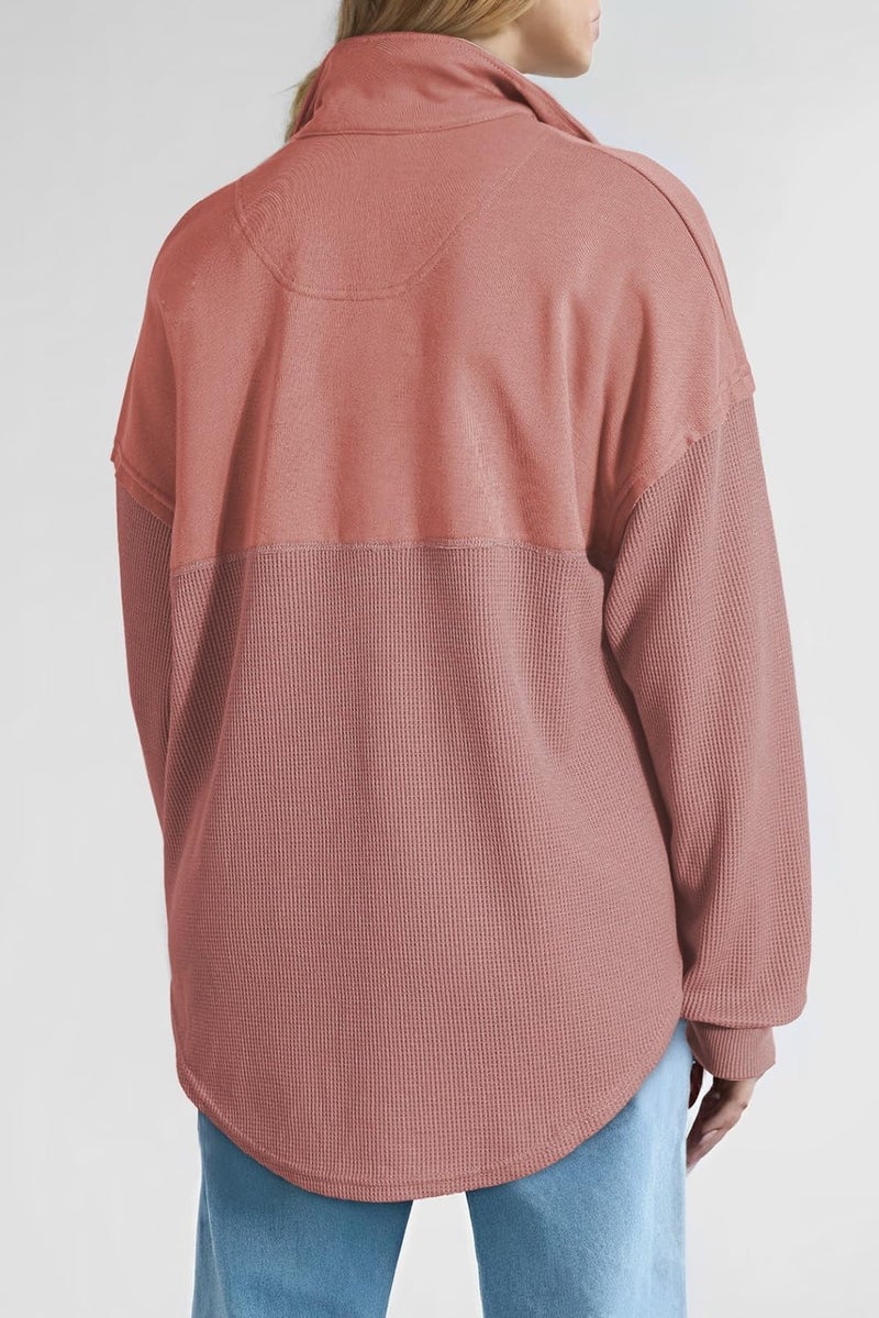 Shein SHEWIN Womens Sweatshirts Casual Waffle Knit Tops Half Zip Pullover Long Sleeve Shirts Quarter Zip Trendy Fall Outfits Oversized Clothes 2025 Large Pink - Image 3