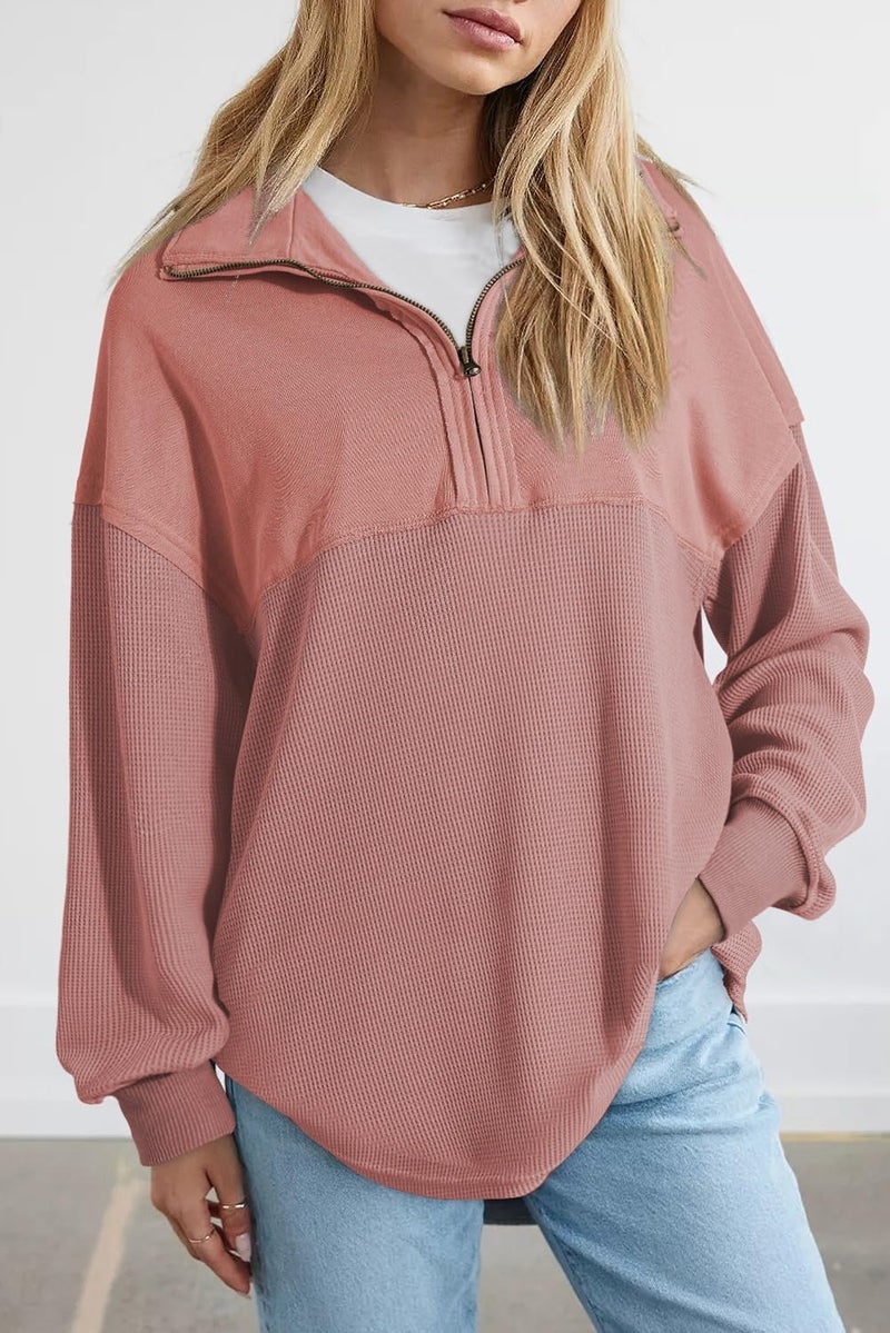 Shein SHEWIN Womens Sweatshirts Casual Waffle Knit Tops Half Zip Pullover Long Sleeve Shirts Quarter Zip Trendy Fall Outfits Oversized Clothes 2025 Large Pink - Image 2