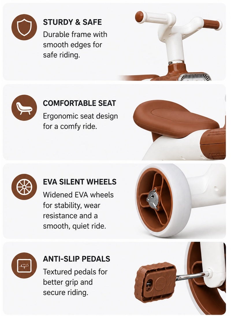 Lacoz Kids Cycle Tricycle Light and  Music with EVA Silent Wheels and Comfortable Seat for Boys & Girls Brown - Image 3