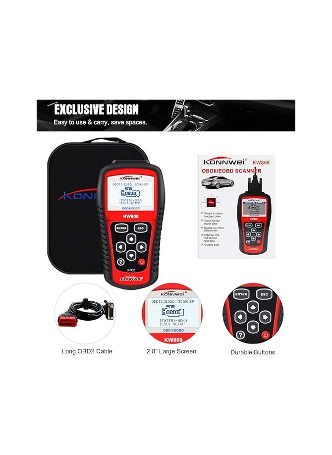 Konnwei - KONNWEI KW808 Auto OBDII Code Reader - 2.8" Large Screen OBD2 Scanner with Full Diagnostic Scan Tool Functions , Check Engine Light Fault Code Analyzer for All 1996 and Newer Cars with OBD Protocol - Image 1