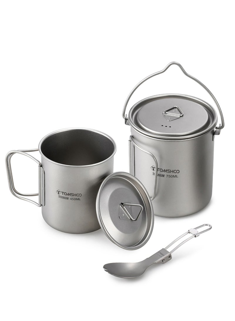 TOMSHOO Lightweight Titanium 3 Pieces Set Titanium 750ml Pot 450ml Water Cup Mug with Lid Collapsible Handle Folding Spork for Outdoor Camping Hiking Backpacking  - Image 2