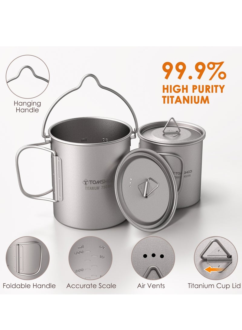 TOMSHOO Lightweight Titanium 3 Pieces Set Titanium 750ml Pot 450ml Water Cup Mug with Lid Collapsible Handle Folding Spork for Outdoor Camping Hiking Backpacking  - Image 3