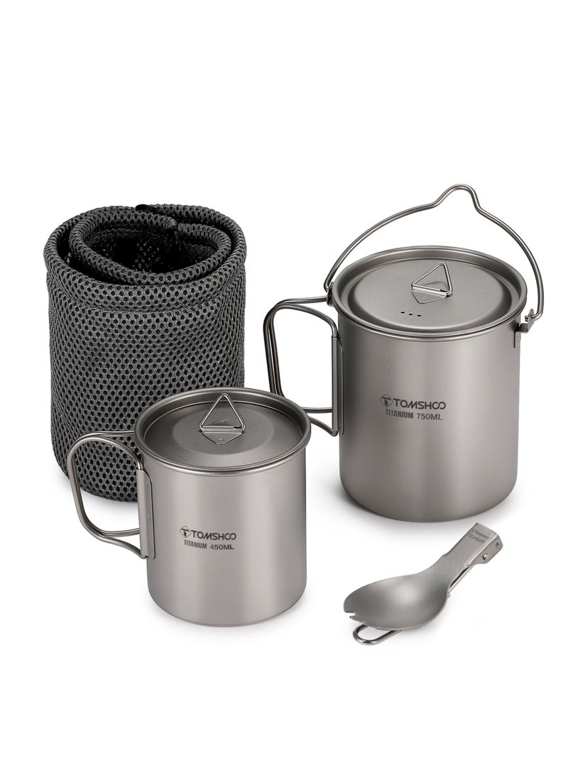TOMSHOO Lightweight Titanium 3 Pieces Set Titanium 750ml Pot 450ml Water Cup Mug with Lid Collapsible Handle Folding Spork for Outdoor Camping Hiking Backpacking  - Image 4