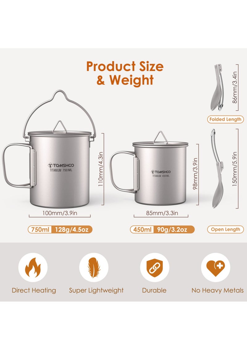 TOMSHOO Lightweight Titanium 3 Pieces Set Titanium 750ml Pot 450ml Water Cup Mug with Lid Collapsible Handle Folding Spork for Outdoor Camping Hiking Backpacking  - Image 5